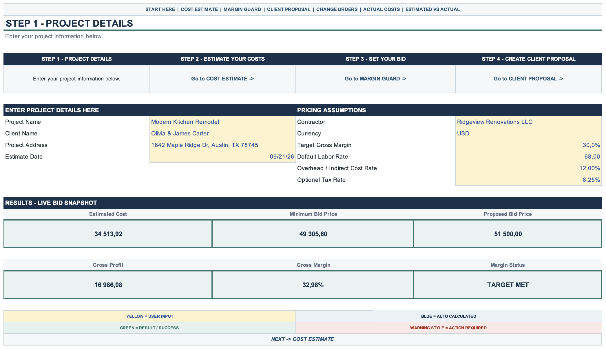 Start Here sheet with project details, pricing assumptions and live bid snapshot